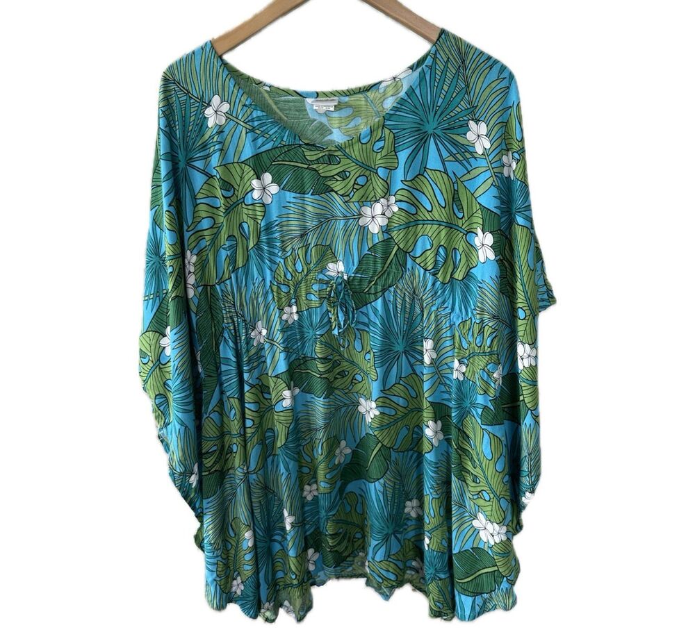 Hula Bay Hawaiian Monstera Plumeria Flowers Batwing Kaftan Swim Cover Up Top S/M